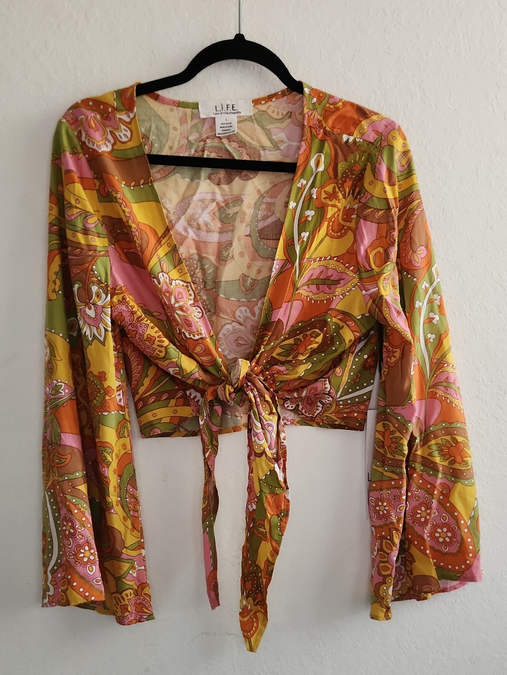 NWT L.I.F.E. Paisley Tie Front Bell Sleeve Crop Top Boho 70s Retro Large
